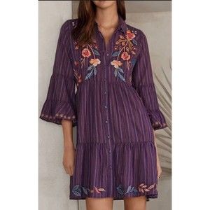 Johnny Was Workshop XL SHURI Easy Tiered Boho Dress Plum Stripe Embroidery EUC